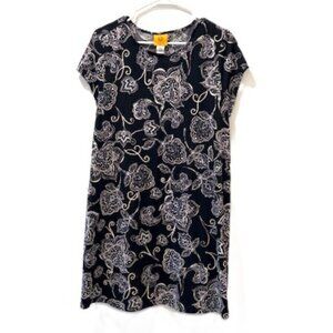 Ruby Rd. Black and White Floral Textured Swing Mini Dress with Cap Sleeves